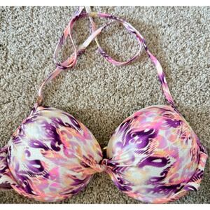 Victoria's Secret Push Up Bikini Top 34D Purple Pink Ikat Halter Underwire